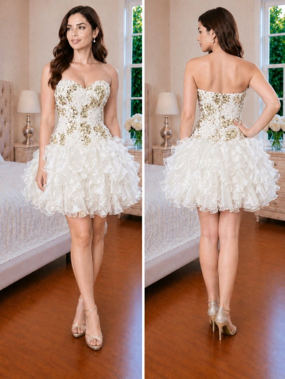 Mac Duggal Y2K White Gold Sequined Formal Dress $395